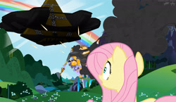 Size: 3000x1744 | Tagged: safe, edit, edited screencap, screencap, character:fluttershy, species:pony, episode:dragonshy, g4, my little pony: friendship is magic, attack, canterlot, explosion, female, fire, invasion, mare, mothership, rainbow, shocked expression, smoke, spaceship, stargate