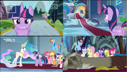 Size: 2016x1147 | Tagged: safe, edit, edited screencap, screencap, character:applejack, character:discord, character:fluttershy, character:pinkie pie, character:princess celestia, character:princess luna, character:rainbow dash, character:rarity, character:spike, character:twilight sparkle, character:twilight sparkle (alicorn), species:alicorn, species:draconequus, species:dragon, species:earth pony, species:pegasus, species:pony, species:unicorn, episode:the beginning of the end, g4, my little pony: friendship is magic, all new, canterlot, canterlot castle, canterlot throne room, comic, discovery family logo, ethereal mane, female, loss (meme), male, mare, screencap comic, squishy cheeks, text, throne, throne room, tv rating, tv-y