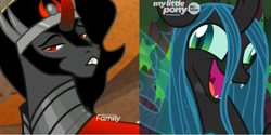 Size: 2000x1000 | Tagged: safe, edit, edited screencap, screencap, character:king sombra, character:queen chrysalis, species:changeling, species:pony, species:unicorn, episode:the beginning of the end, g4, my little pony: friendship is magic, season 9, changeling queen, comparison, crazylis, cropped, discovery family logo, faec, female, male, stallion, stupid sexy sombra