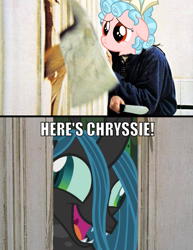 Size: 617x799 | Tagged: safe, edit, edited screencap, screencap, character:cozy glow, character:queen chrysalis, species:changeling, species:pegasus, species:pony, episode:the beginning of the end, g4, my little pony: friendship is magic, axe, changeling queen, crazylis, derp, fangs, female, filly, here's johnny, insanity, knife, text, the shining, weapon