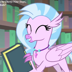 Size: 720x720 | Tagged: safe, edit, edited screencap, screencap, character:silverstream, episode:starlight the hypnotist, spoiler:interseason shorts, book, cropped, cute, dialogue, diastreamies, jewelry, necklace, stairs, that hippogriff sure does love stairs, the thirty-nine steps