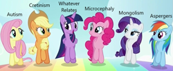 Size: 1015x419 | Tagged: safe, edit, edited screencap, screencap, character:applejack, character:fluttershy, character:pinkie pie, character:rainbow dash, character:rarity, character:twilight sparkle, character:twilight sparkle (alicorn), species:alicorn, species:pony, episode:all bottled up, g4, my little pony: friendship is magic, asperger's syndrome, autism, caption, cretinism, down syndrome, image macro, microcephaly, op is a duck, text