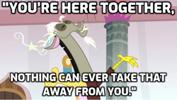 Size: 720x406 | Tagged: safe, edit, edited screencap, screencap, character:discord, species:draconequus, episode:a matter of principals, episode:the beginning of the end, g4, my little pony: friendship is magic, caption, image macro, male, quote, spread arms, text