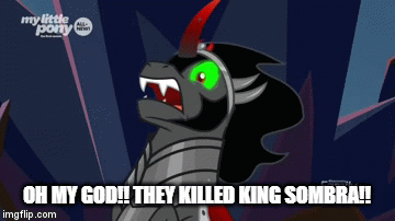 Size: 360x202 | Tagged: safe, edit, edited screencap, screencap, character:king sombra, species:pony, species:umbrum, episode:the beginning of the end, g4, my little pony: friendship is magic, animated, caption, death, defeat, disintegration, gif, good end, meme, oh my god they killed kenny, south park, you know for kids, you ruined everything