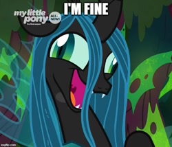 Size: 584x500 | Tagged: safe, edit, edited screencap, screencap, character:queen chrysalis, species:changeling, episode:the beginning of the end, g4, my little pony: friendship is magic, caption, changeling queen, crazy eyes, crazy face, crazylis, derp, discovery family logo, faec, female, image macro, insanity, laughing, lies, majestic as fuck, meme, open mouth, solo, swamp, text