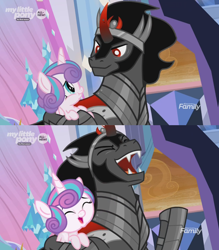 Size: 1224x1400 | Tagged: safe, edit, edited screencap, screencap, character:king sombra, character:princess flurry heart, species:pony, species:unicorn, episode:the beginning of the end, g4, my little pony: friendship is magic, :t, alternate scenario, bad end, cute, duo, edited edit, equestria is doomed, evil flurry heart, evil laugh, eye contact, eyes closed, female, flurrybetes, foal, frown, glare, happy, holding a pony, hoof hold, laughing, lidded eyes, looking at each other, male, open mouth, smiling, smirk, stallion, uncle sombra