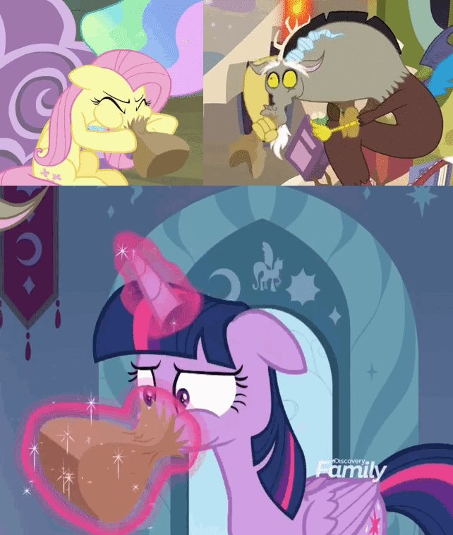 Size: 642x758 | Tagged: safe, edit, edited screencap, screencap, character:discord, character:fluttershy, character:twilight sparkle, character:twilight sparkle (alicorn), species:alicorn, species:pony, episode:discordant harmony, episode:horse play, episode:the beginning of the end, g4, my little pony: friendship is magic, animated, comparison, discovery family logo, floppy ears, gif, hyperventilating, paper bag, twilighting