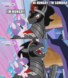 Size: 1224x1400 | Tagged: safe, edit, edited screencap, screencap, character:king sombra, character:princess flurry heart, species:alicorn, species:pony, species:unicorn, episode:the beginning of the end, g4, my little pony: friendship is magic, angry, armor, caption, colored horn, crossing the line twice, curved horn, dad joke, dude not funny, duo, female, filly, flurry heart is not amused, horn, image macro, impact font, laughing, male, meme, stallion, text, unamused