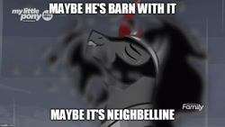 Size: 889x500 | Tagged: safe, edit, edited screencap, screencap, character:king sombra, species:pony, species:umbrum, episode:the beginning of the end, g4, my little pony: friendship is magic, caption, handsome, image macro, imgflip, majestic, male, maybelline (brand), neighbelline, rain, sniffing, solo, stallion, stupid sexy sombra, text