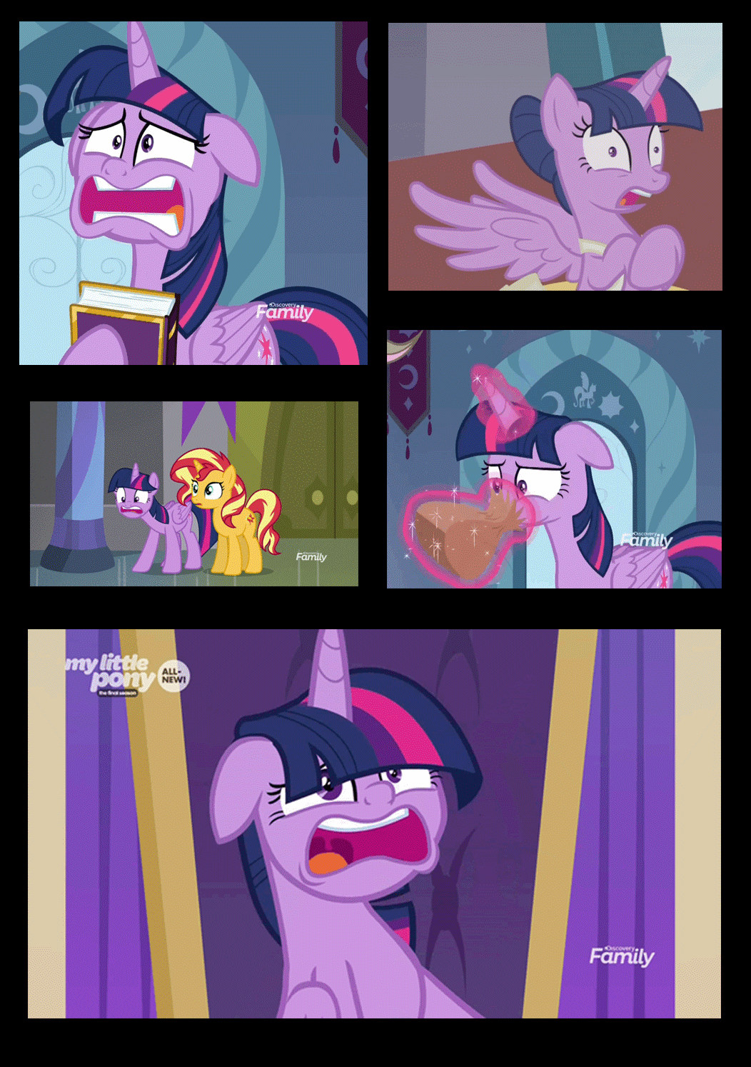 Size: 1052x1494 | Tagged: safe, edit, screencap, character:sunset shimmer, character:twilight sparkle, character:twilight sparkle (alicorn), species:alicorn, species:pony, episode:a royal problem, episode:the beginning of the end, equestria girls:forgotten friendship, g4, my little pony: equestria girls, my little pony: friendship is magic, my little pony:equestria girls, animated, ballerina, book, compilation, floppy ears, hyperventilating, panic, paper bag, tutu, twilarina, twilighting