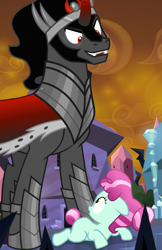 Size: 1498x2314 | Tagged: safe, edit, edited screencap, screencap, character:cherry valley, character:king sombra, species:crystal pony, species:pony, species:umbrum, episode:the beginning of the end, g4, my little pony: friendship is magic, cape, clothing, composite screencap, crown, crystal empire, crystal filly, jewelry, panorama, regalia