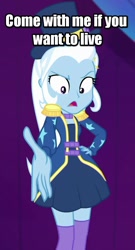 Size: 583x1080 | Tagged: safe, edit, edited screencap, screencap, character:trixie, equestria girls:spring breakdown, g4, my little pony: equestria girls, my little pony:equestria girls, spoiler:eqg series (season 2), clothing, come with me if you want to live, cropped, dress, female, hat, movie reference, skirt, socks, solo, terminator, text edit, thigh highs, top hat, zettai ryouiki