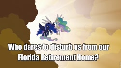 Size: 960x540 | Tagged: safe, edit, edited screencap, screencap, character:princess celestia, character:princess luna, episode:the beginning of the end, g4, my little pony: friendship is magic, caption, cloud, cloudy, florida, image macro, retirement, retirement home, text
