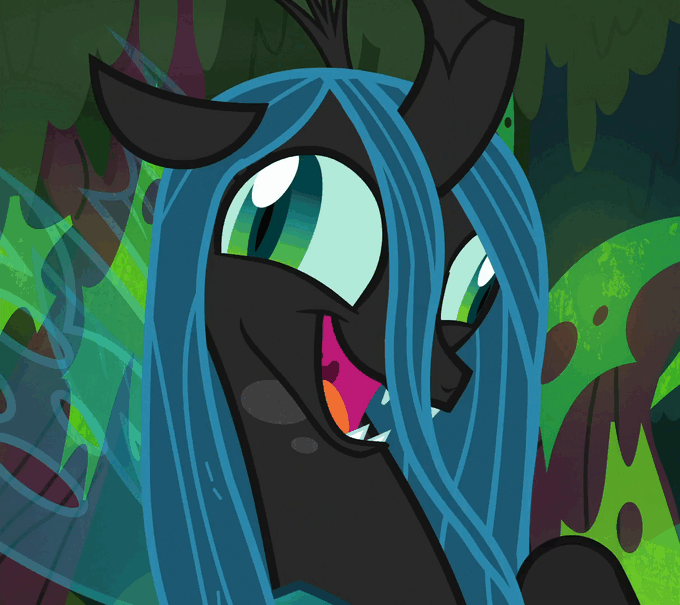 Size: 680x605 | Tagged: safe, edit, edited screencap, screencap, character:queen chrysalis, species:changeling, species:pony, episode:the beginning of the end, g4, my little pony: friendship is magic, animated, breakdown, changeling queen, crazy eyes, crazy face, crazylis, creepy, derp, faec, fangs, female, gif, insanity, laughing, majestic as fuck, mare, solo, spread wings, wide eyes, wings