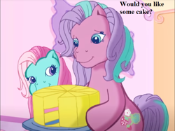 Size: 710x530 | Tagged: safe, edit, edited screencap, screencap, character:minty, character:sweetberry, episode:the runaway rainbow, g3, bronybait, cake, dialogue, food