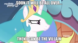 Size: 888x499 | Tagged: safe, edit, edited screencap, screencap, character:princess celestia, species:pony, episode:the beginning of the end, g4, my little pony: friendship is magic, caption, crown, ethereal mane, evil, evil grin, female, grin, image macro, jewelry, mare, regalia, smiling, text, tyrant celestia