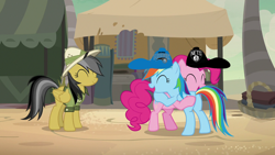 Size: 1280x720 | Tagged: safe, edit, edited screencap, screencap, character:daring do, character:pinkie pie, character:rainbow dash, species:pony, episode:daring done, basketball, brooklyn nets, butt touch, clothing, hat, hoof on butt, hug, nba, orlando magic