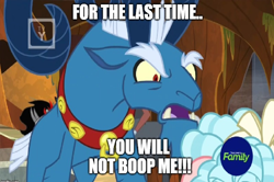 Size: 1170x778 | Tagged: safe, edit, edited screencap, screencap, character:cozy glow, character:grogar, character:lord tirek, species:pegasus, species:pony, species:ram, species:sheep, episode:the beginning of the end, g4, my little pony: friendship is magic, 2019, boop denied, caption, discovery family logo, evil lair, female, filly, grogar's lair, image macro, imminent boop, lair, male, meme, solo focus, text, this will end in boops, tv rating, tv-y