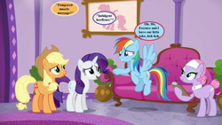 Size: 1280x720 | Tagged: safe, edit, edited screencap, screencap, character:applejack, character:lavender essence, character:rainbow dash, character:rarity, species:pony, episode:applejack's day off, applejack's hat, blatant lies, clipboard, clothing, couch, cowboy hat, dialogue, hat, ponyville spa, potted plant, slippers, speech bubble, tank slippers