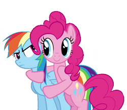 Size: 705x611 | Tagged: safe, edit, edited screencap, screencap, character:pinkie pie, character:rainbow dash, species:earth pony, species:pegasus, species:pony, ship:pinkiedash, background removed, bad edit, female, hoof around neck, hug, lesbian, mare, not a vector, shipping, simple background, transparent background