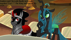 Size: 1280x720 | Tagged: safe, edit, edited screencap, screencap, character:king sombra, character:queen chrysalis, species:changeling, species:pony, ship:chrysombra, episode:the beginning of the end, g4, my little pony: friendship is magic, armor, caption, changeling horn, changeling queen, crown, curved horn, female, green eyes, horn, male, red cape, red eyes, red horn, shipping, straight, wings
