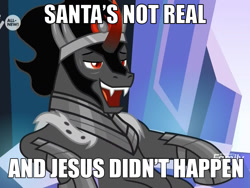 Size: 1280x960 | Tagged: safe, edit, edited screencap, screencap, character:king sombra, episode:the beginning of the end, g4, my little pony: friendship is magic, buzzkill, caption, image macro, jesus christ, male, meme, quote, santa claus, sitting, smug, solo, stupid sexy sombra, text, vinesauce, wario