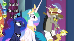 Size: 1280x720 | Tagged: safe, edit, edited screencap, screencap, character:discord, character:princess celestia, character:princess luna, episode:the beginning of the end, g4, my little pony: friendship is magic, clothing, hat, l.a. noire, meme, notebook