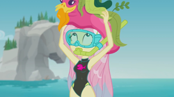 Size: 1916x1070 | Tagged: safe, edit, edited screencap, screencap, character:fluttershy, episode:unsolved selfie mysteries, g4, my little pony: equestria girls, my little pony:equestria girls, armpits, clothing, cute, female, one-piece swimsuit, shyabetes, snorkel, solo, swimsuit, swimsuit edit, wet, wet hair, wetsuit