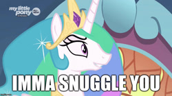 Size: 888x499 | Tagged: safe, edit, edited screencap, screencap, character:princess celestia, species:pony, episode:the beginning of the end, g4, my little pony: friendship is magic, caption, evil grin, female, grin, image macro, imma snuggle you, smiling, solo, text, this will end in hape, this will end in snuggles
