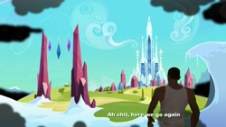 Size: 1920x1080 | Tagged: safe, edit, edited screencap, screencap, episode:the beginning of the end, g4, my little pony: friendship is magic, ah shit here we go again, caption, carl johnson, crystal empire, grand theft auto, image macro, san andreas, text, vulgar