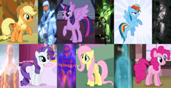 Size: 1665x860 | Tagged: safe, edit, edited screencap, screencap, character:applejack, character:fluttershy, character:pinkie pie, character:rainbow dash, character:rarity, character:twilight sparkle, character:twilight sparkle (alicorn), species:alicorn, species:pony, episode:a dog and pony show, episode:fall weather friends, episode:stare master, episode:the ticket master, episode:three's a crowd, episode:twilight's kingdom, g4, my little pony: friendship is magic, artificial intelligence, cropped, delta, epsilon, gamma, hologram, mane six, omega, project freelancer, red vs blue, rvb, sigma, theta