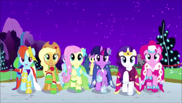 Size: 600x338 | Tagged: safe, edit, edited screencap, screencap, character:apple bloom, character:applejack, character:big mcintosh, character:bon bon, character:fluttershy, character:granny smith, character:king sombra, character:mayor mare, character:pinkie pie, character:rainbow dash, character:rarity, character:scootaloo, character:spike, character:starlight glimmer, character:sweetie belle, character:sweetie drops, character:twilight sparkle, character:twilight sparkle (unicorn), species:dragon, species:earth pony, species:pegasus, species:pony, species:unicorn, episode:the beginning of the end, episode:the best night ever, g4, my little pony: friendship is magic, animated, clothing, cutie mark crusaders, discovery family logo, dress, gala dress, glowing eyes, mane six, mind control, sombrafied