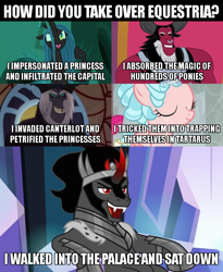 Size: 640x780 | Tagged: safe, edit, edited screencap, screencap, character:cozy glow, character:king sombra, character:lord tirek, character:queen chrysalis, character:storm king, species:changeling, species:pegasus, species:pony, species:unicorn, episode:school raze, episode:the beginning of the end, episode:to where and back again, episode:twilight's kingdom, g4, my little pony: friendship is magic, my little pony: the movie (2017), antagonist, caption, changeling queen, female, filly, foal, image macro, stupid sexy sombra, text