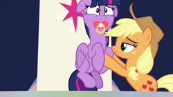 Size: 1920x1080 | Tagged: safe, edit, edited screencap, screencap, character:applejack, character:twilight sparkle, character:twilight sparkle (alicorn), species:alicorn, species:earth pony, species:pony, episode:the beginning of the end, g4, my little pony: friendship is magic, cute, female, floppy ears, friendship throne, holding a pony, lifting, mare, mismatched eyes, motherly, open mouth, pacifier, pacifier edit, panic, smiling, squishy cheeks, twilight snapple, twilighting, wide eyes