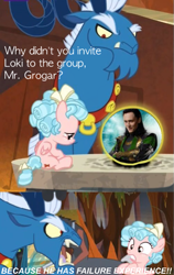 Size: 499x789 | Tagged: safe, edit, edited screencap, screencap, character:cozy glow, character:grogar, species:pegasus, species:pony, episode:the beginning of the end, g4, my little pony: friendship is magic, cozybuse, crossover, crystal ball, female, filly, grogar's crystal ball meme, grogar's orb, infinity war, loki, meme, text
