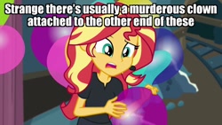 Size: 1280x720 | Tagged: safe, edit, edited screencap, screencap, character:sunset shimmer, episode:all the world's off stage, g4, my little pony: equestria girls, my little pony:equestria girls, all the world's off stage: pinkie pie, balloon, caption, clown, female, image macro, implied pennywise, it, solo, text, the addams family