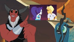Size: 1920x1080 | Tagged: safe, edit, edited screencap, screencap, character:lord tirek, character:queen chrysalis, character:ragamuffin, character:rarity, species:centaur, species:changeling, ship:rarimuffin, episode:the beginning of the end, equestria girls:spring breakdown, g4, my little pony: equestria girls, my little pony: friendship is magic, my little pony:equestria girls, spoiler:eqg series (season 2), 3:, changeling queen, cute, cutealis, exploitable meme, female, flick, floppy ears, former queen chrysalis, frown, gritted teeth, male, meme, pointing, ponytail, ragamuffin (equestria girls), reaction image, shipping, shipping fuel, shocked, straight, surprised, template, tirebetes, wavy mouth, wide eyes