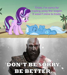 Size: 1687x1882 | Tagged: safe, edit, edited screencap, screencap, character:starlight glimmer, character:trixie, species:pony, episode:on the road to friendship, season 8, spoiler:s08, cactus, caption, desert, god of war, image macro, kratos, meme, road, text