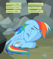 Size: 550x602 | Tagged: safe, edit, edited screencap, screencap, character:rainbow dash, derpibooru, episode:may the best pet win, g4, my little pony: friendship is magic, abuse, crying, meta, tags