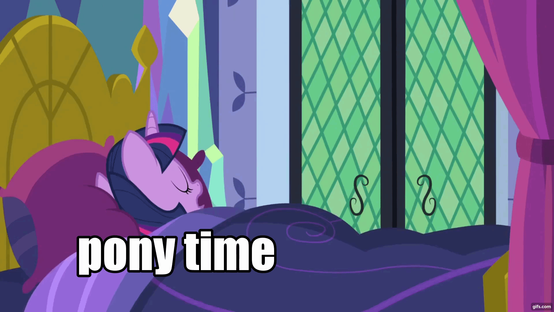 Size: 1920x1080 | Tagged: safe, edit, edited screencap, screencap, character:fluttershy, character:twilight sparkle, character:twilight sparkle (alicorn), species:alicorn, species:pony, episode:a health of information, g4, my little pony: friendship is magic, animated, bed, bedroom, caption, crazy face, duo, faec, floppy ears, gif, gifs.com, good morning, image macro, in-universe pegasister, meme, morning, morning ponies, pony time, text, time for ponies, twilight's castle, wake up