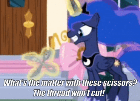 Size: 469x338 | Tagged: safe, edit, edited screencap, screencap, character:princess luna, species:pony, episode:a royal problem, g4, my little pony: friendship is magic, animated, female, gif, grin, hercules, movie quote, nervous, nervous grin, scissors, smiling, solo, swapped cutie marks