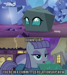 Size: 1280x1440 | Tagged: safe, edit, edited screencap, screencap, character:maud pie, character:ocellus, species:changedling, episode:the maud couple, episode:uprooted, g4, my little pony: friendship is magic, caption, cave, image macro, implied lesbian, ponyville, rock, rockellus, temptation, text, that pony sure does love rocks, transformation
