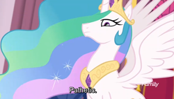 Size: 744x426 | Tagged: safe, edit, edited screencap, screencap, character:princess celestia, species:alicorn, species:pony, equestria girls:forgotten friendship, g4, my little pony: equestria girls, my little pony:equestria girls, canterlot castle, castle, celestia is not amused, crown, discovery family, discovery family logo, end of evangelion, ethereal mane, female, flowing hair, flowing mane, jewelry, majestic, meme, multicolored hair, pathetic, regalia, serious, solo, sparkles, spread wings, stars, stern, text edit, the simpsons, throne room, unamused, watermark, wings
