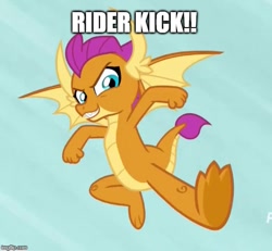 Size: 539x499 | Tagged: safe, edit, edited screencap, screencap, character:smolder, species:dragon, episode:uprooted, g4, my little pony: friendship is magic, caption, dragoness, dynamic entry, female, flying, image macro, kamen rider, kick, kicking, meme, spread wings, text, wings