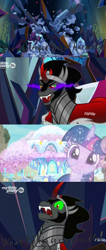 Size: 1700x4000 | Tagged: safe, edit, edited screencap, screencap, character:king sombra, character:tree of harmony, character:treelight sparkle, character:twilight sparkle, species:pony, species:unicorn, episode:the beginning of the end, episode:uprooted, g4, my little pony: friendship is magic, all for nothing, armor, black mane, cape, clothing, comic, crown, crystal, dark crystal, discovery family logo, fangs, funny face, green eyes, harmy castle, jewelry, majestic, male, meme, open mouth, red eyes, red horn, regalia, screencap comic, shocked, stallion, teeth, tree of harmony, treehouse of harmony, treelight sparkle