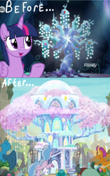 Size: 1700x2700 | Tagged: safe, edit, edited screencap, screencap, character:gallus, character:ocellus, character:sandbar, character:silverstream, character:smolder, character:tree of harmony, character:twilight sparkle, character:twilight sparkle (alicorn), character:yona, species:alicorn, species:changedling, species:dragon, species:griffon, species:pony, episode:the beginning of the end, episode:uprooted, g4, my little pony: friendship is magic, before and after, cropped, crystal, dragoness, female, male, mare, student six, tree of harmony, treehouse of harmony