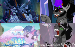 Size: 2700x1700 | Tagged: safe, edit, edited screencap, screencap, character:king sombra, character:tree of harmony, character:treelight sparkle, character:twilight sparkle, species:pony, species:unicorn, episode:the beginning of the end, episode:uprooted, g4, my little pony: friendship is magic, broken, dark crystal, death, female, male, shattered, stallion, tree of harmony, treehouse of harmony, treelight sparkle