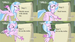 Size: 3840x2160 | Tagged: safe, edit, edited screencap, screencap, character:silverstream, species:classical hippogriff, species:hippogriff, species:pony, episode:uprooted, g4, my little pony: friendship is magic, comic, despicable me, female, flying, gru's plan, mare, meme, silverstream's plan, solo