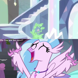 Size: 1024x1024 | Tagged: safe, edit, edited screencap, screencap, character:silverstream, character:tree of harmony, species:hippogriff, episode:school daze, episode:uprooted, g4, my little pony: friendship is magic, cropped, cute, dialogue, diastreamies, excited, female, happiness, jewelry, necklace, solo, squee, stairs, that hippogriff sure does love stairs, tree of harmony