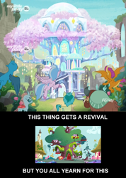 Size: 1920x2698 | Tagged: safe, edit, edited screencap, screencap, character:gallus, character:ocellus, character:sandbar, character:silverstream, character:smolder, character:tree of harmony, character:yona, species:changedling, species:changeling, species:classical hippogriff, species:dragon, species:earth pony, species:griffon, species:hippogriff, species:pony, species:reformed changeling, species:yak, episode:uprooted, g4, my little pony: friendship is magic, dragoness, female, flying, golden oaks library, meta, sad, student six, tree of harmony, treehouse of harmony, truth